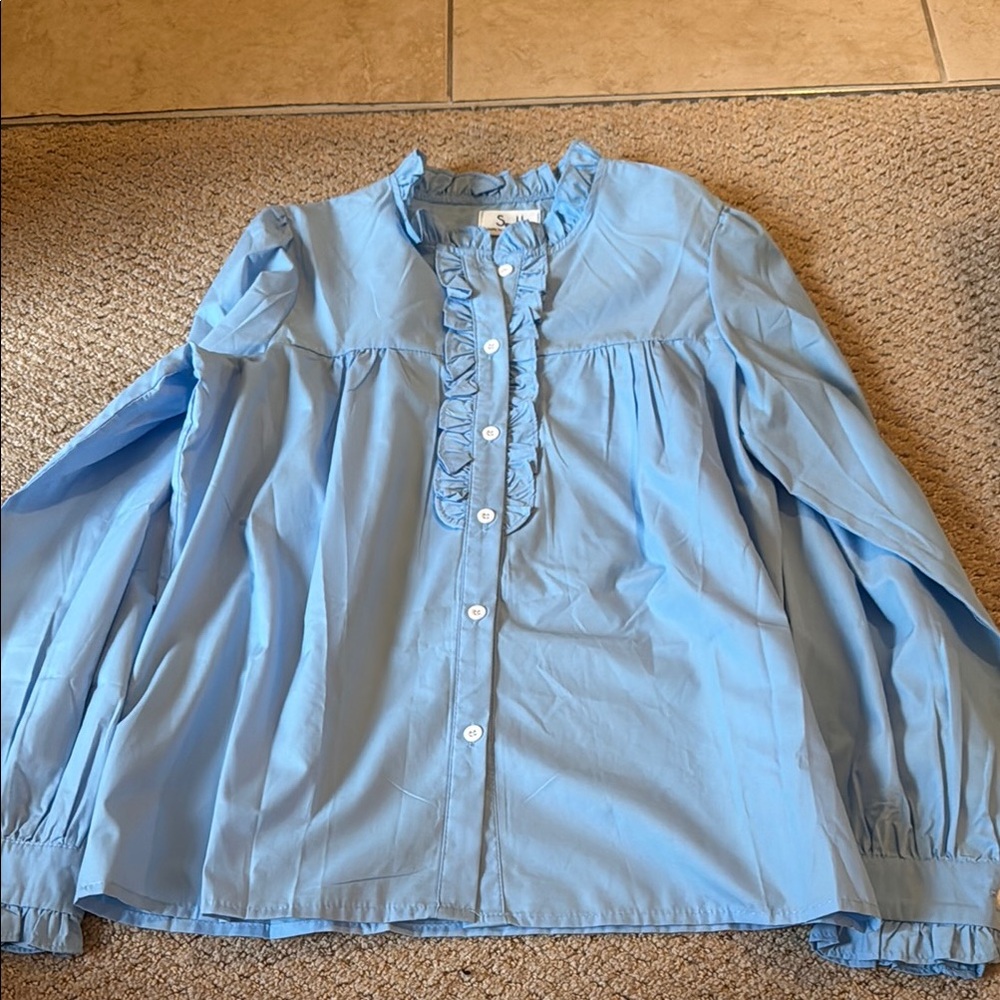 Blue Ruffled Long Sleeve Blouse with Mandarin Collar